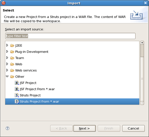 Selecting the Struts Project From *.war Import Wizard