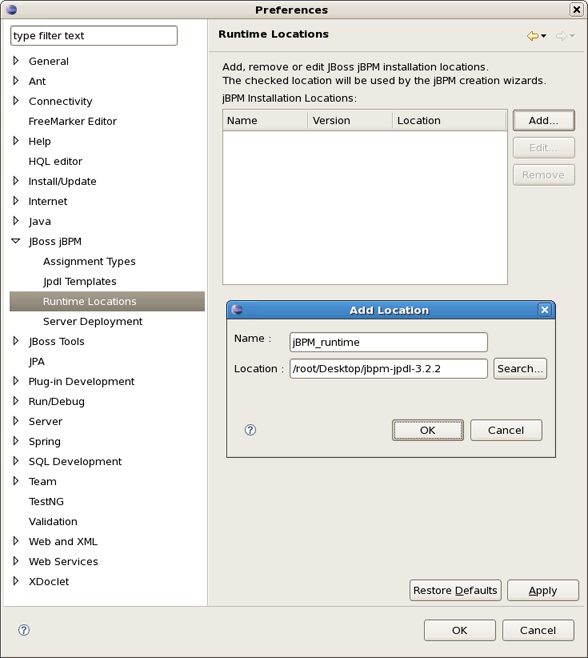Adding jBPM Location