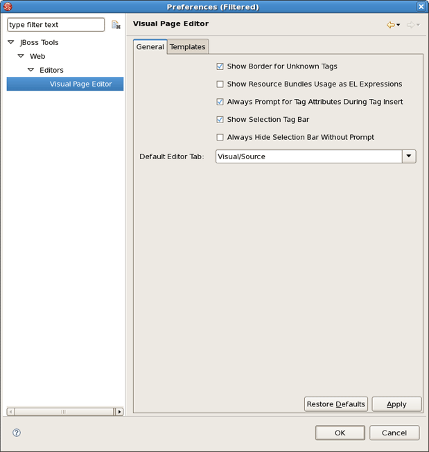 Visual Page Editor Preferences Window