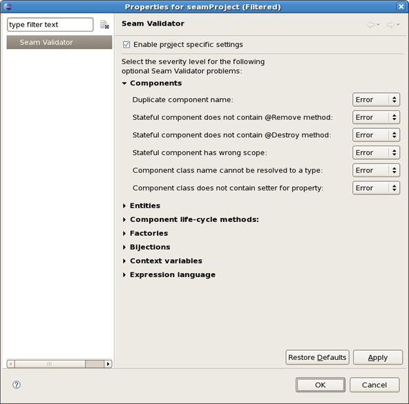 Validator Properties Page for Chosen Project