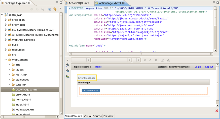 Action Page in JBoss Tools HTML Editor.