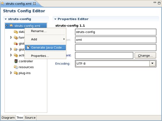 Generation in Struts Config Editor