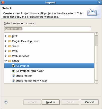 Selecting the Import JSF Project Wizard
