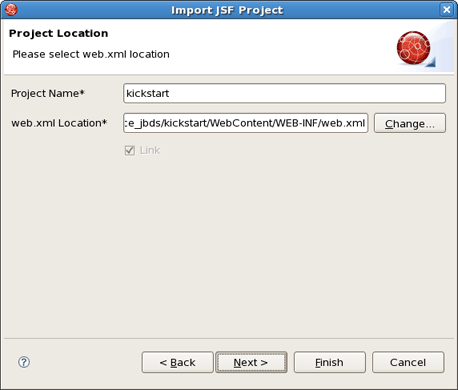 Selecting the Web.xml File in the Project Location Screen