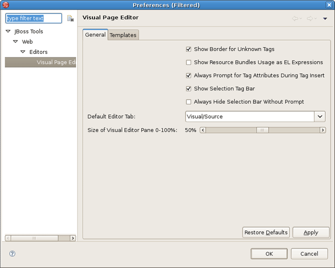 Visual Page Editor Preferences Window