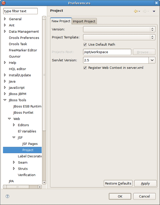 New JSF Propject Preferences