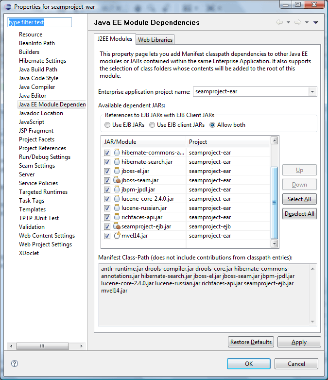 Including Libs from EAR and seamproject-ejb.jar to WAR Manifest Class-Path