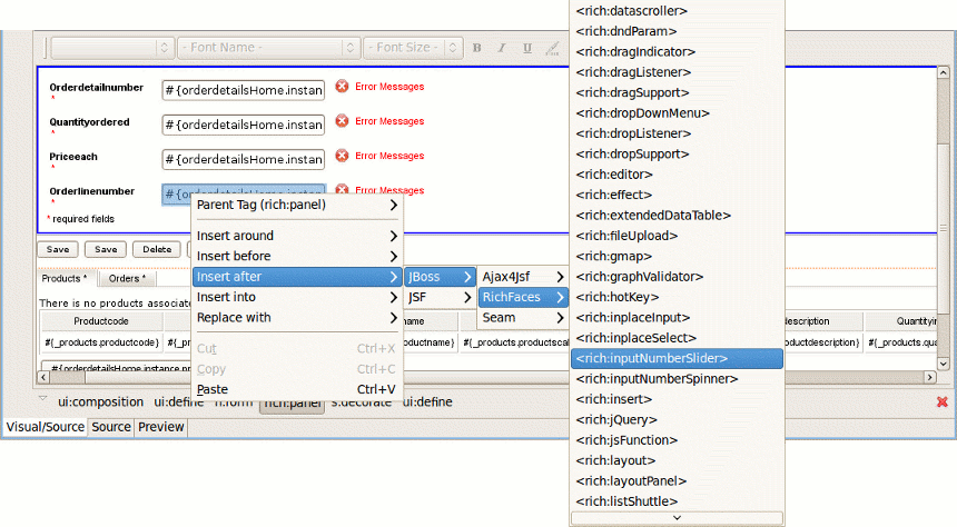 Insert RichFaces Component from Context Menu