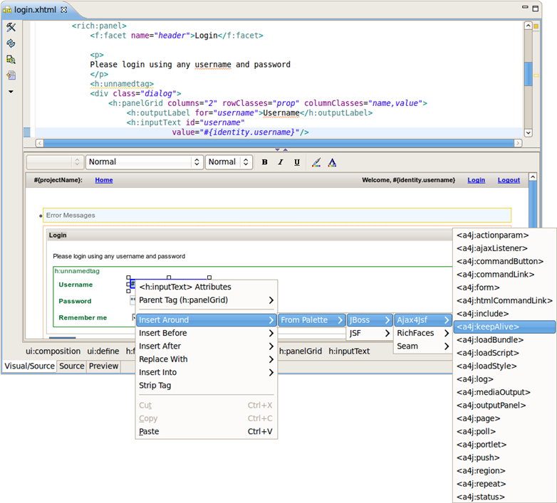Inserting a tag into the Visual part