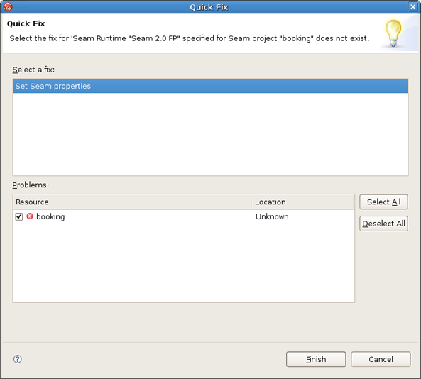Quick Fix Dialog box: Selecting a Fix