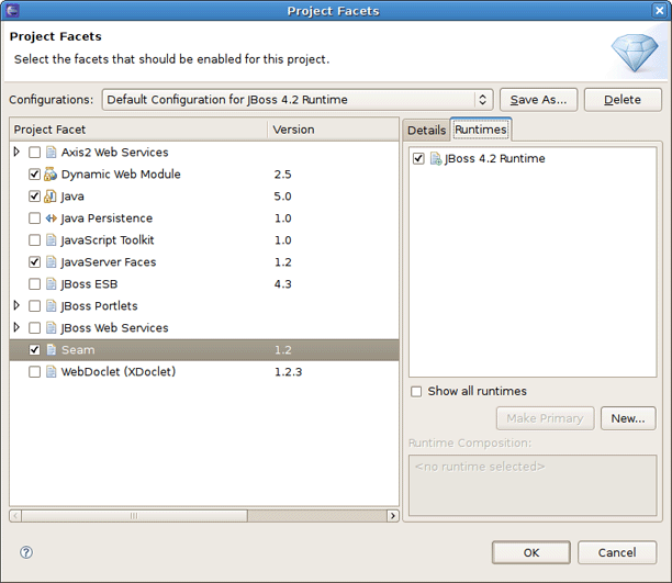 Runtimes on the Project Facets Wizard
