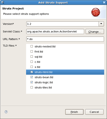 Selecting Struts Support Options