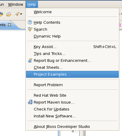 The Project Example menu being selected through the JBoss Developer Studio GUI.