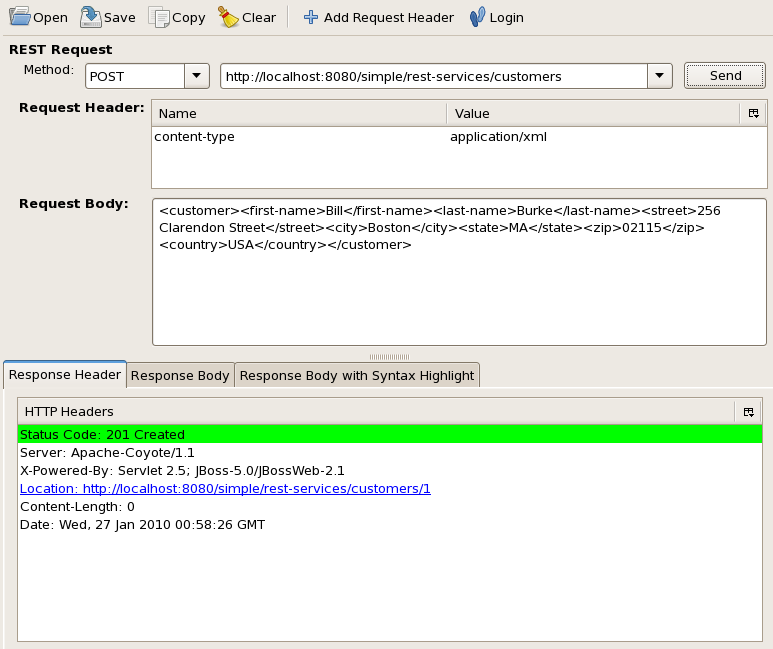 REST Client displays a green bar in the Response Header to signify a successful customer addition.