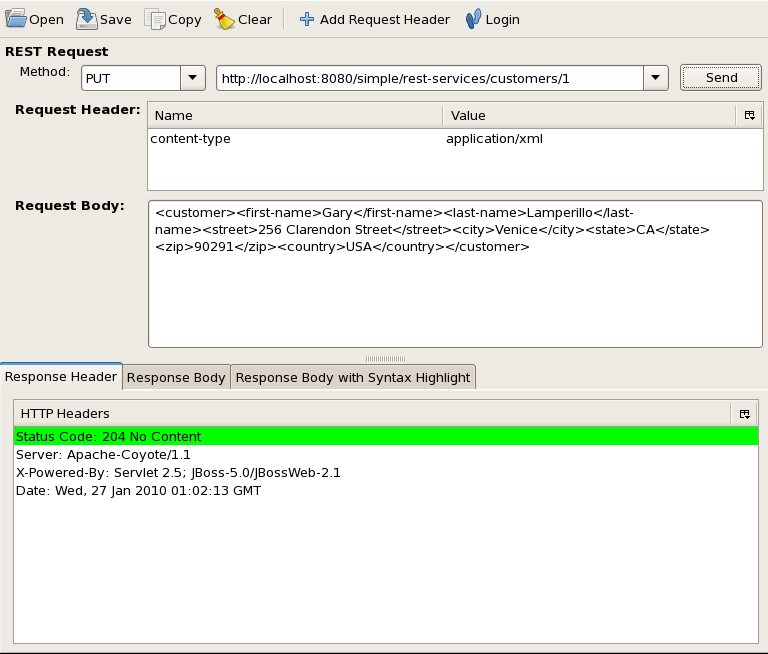 REST Client displays a green bar in the Response Header to signify a successful update.