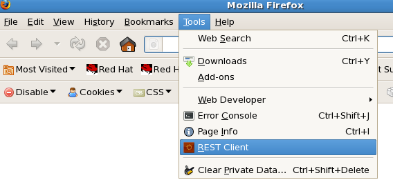 Selecting the REST Client from the Firefox menu.