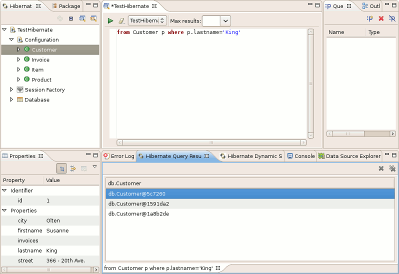 The Hibernate Console consists of multiple panels representing the database.