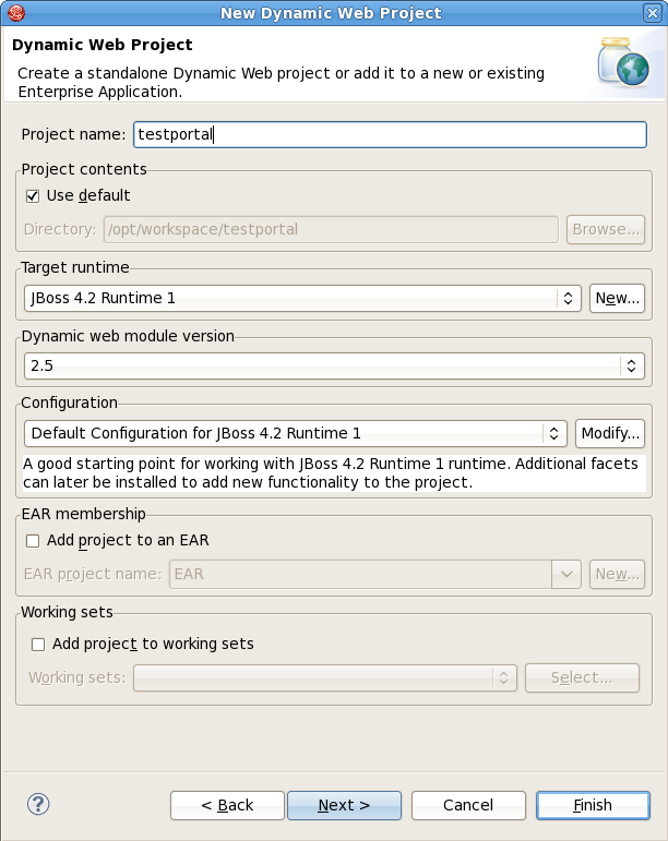 The Dynamic Web Project wizard streamlines the creation of a JBoss Portal application.