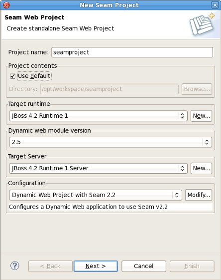 The New Seam Project wizard, used to configure a Seam project.