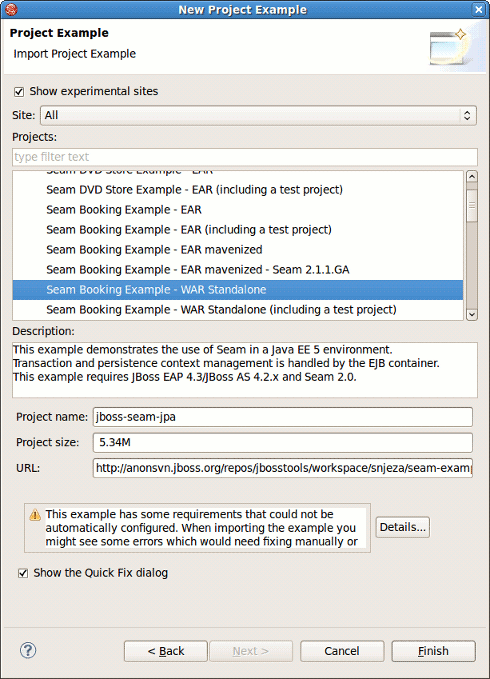 Requirements warning in the Project Example wizard