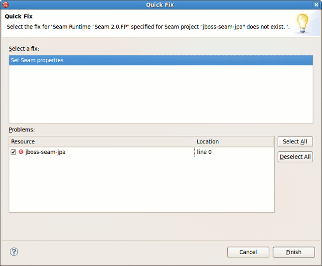 Quick Fix Dialog box: Selecting a Fix