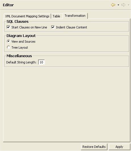 Transformation Editor Preferences Panel