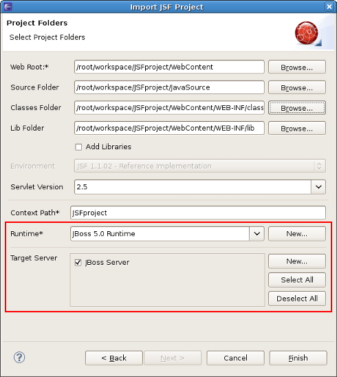 Runtime and Server Sections in the Import Project Wizard