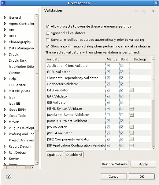 Validation configuration