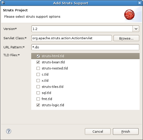 Selecting Struts Support Options