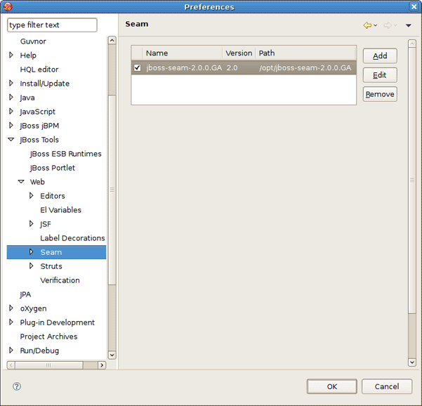 Seam preference page