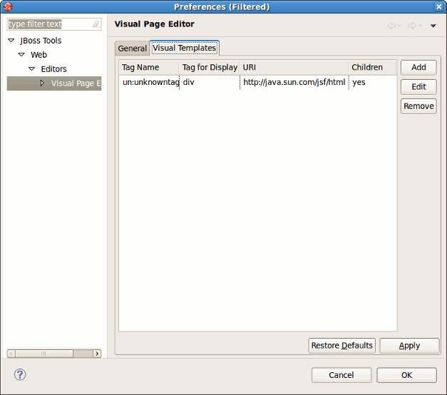 Templates Tab of the VPE Preferences Page