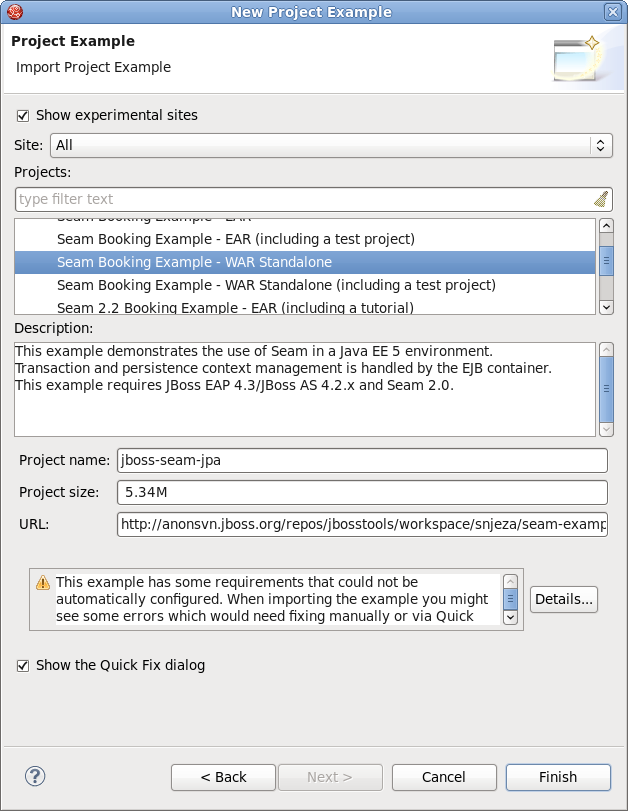 Requirements warning in the Project Example wizard