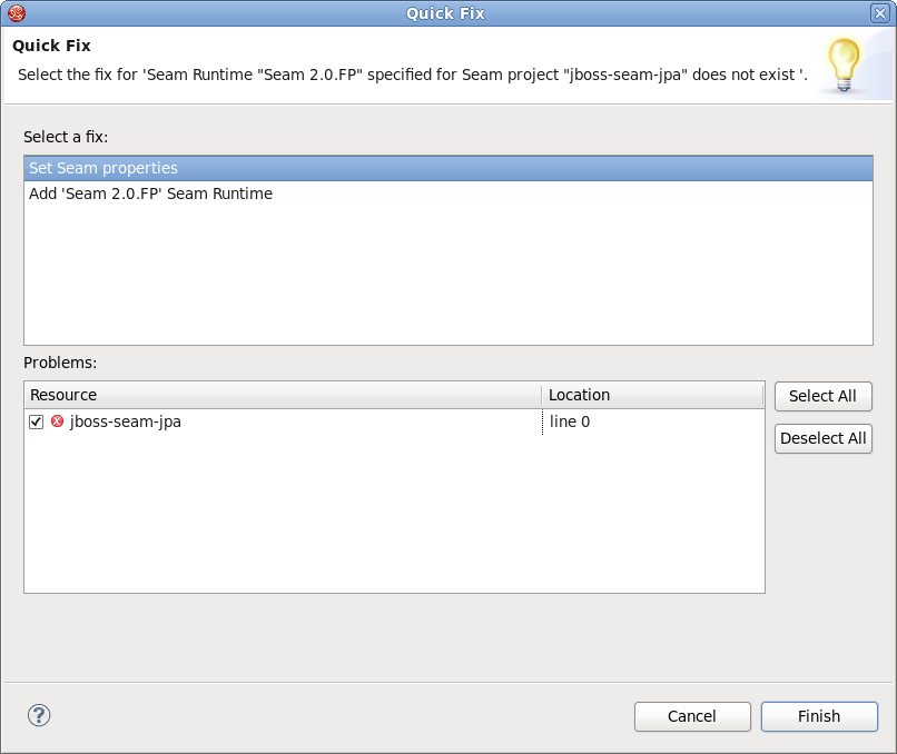 Quick Fix Dialog box: Selecting a Fix