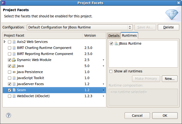 Runtimes on the Project Facets Wizard