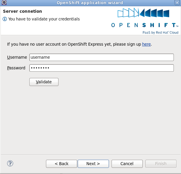 Sever connection screen where you will validate your username and password for OpenShift or you can sign up for an account.