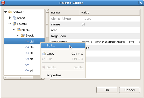 Editing the Palette element