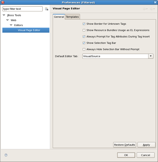 Visual Page Editor Preferences Window