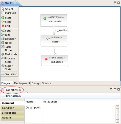 The Properties View of selected Transition
