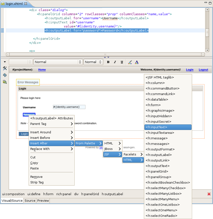 Inserting a tag into the Visual part