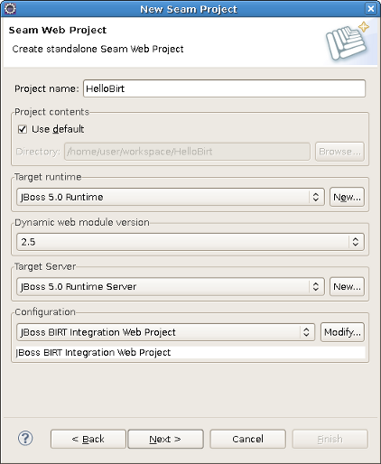 Choosing the JBoss BIRT Integration Web Project Configuration
