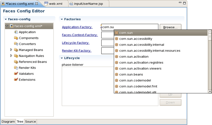 Content Assist in Tree JSF Configuration Editor
