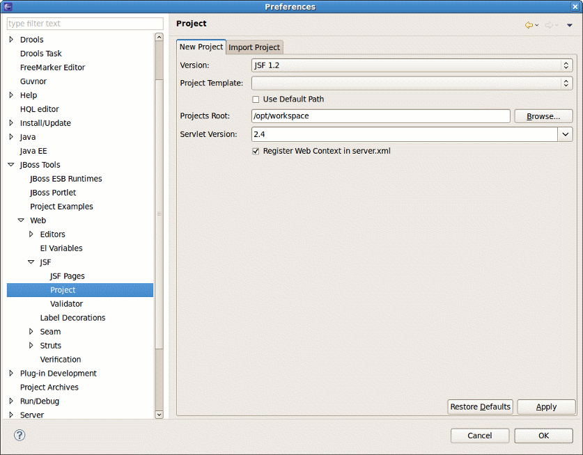 New JSF Project Preferences