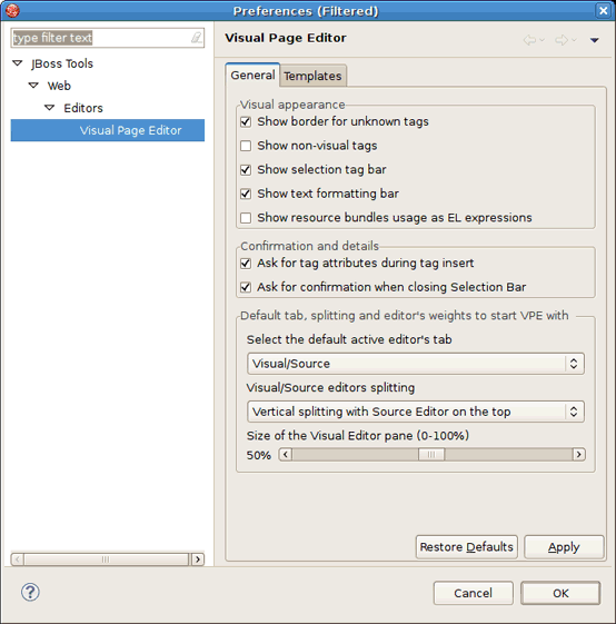 Visual Page Editor Preferences Window