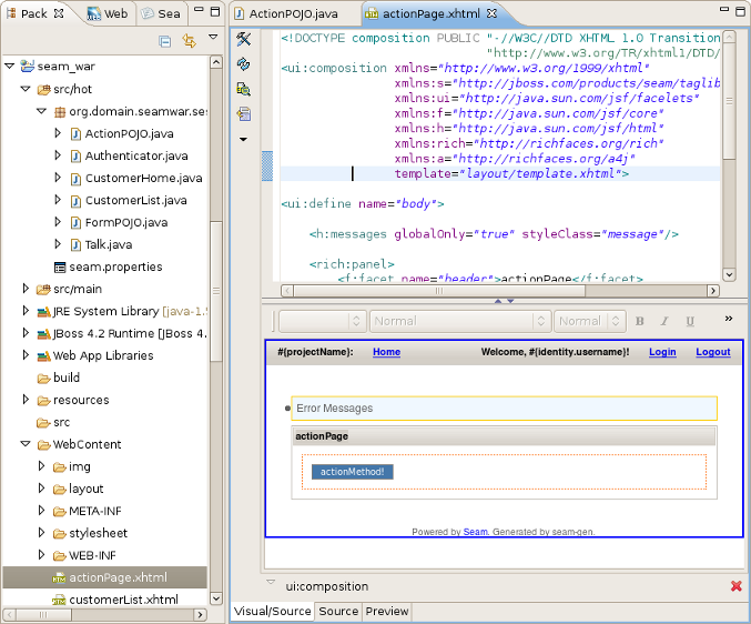 Action Page in JBoss Tools HTML Editor.