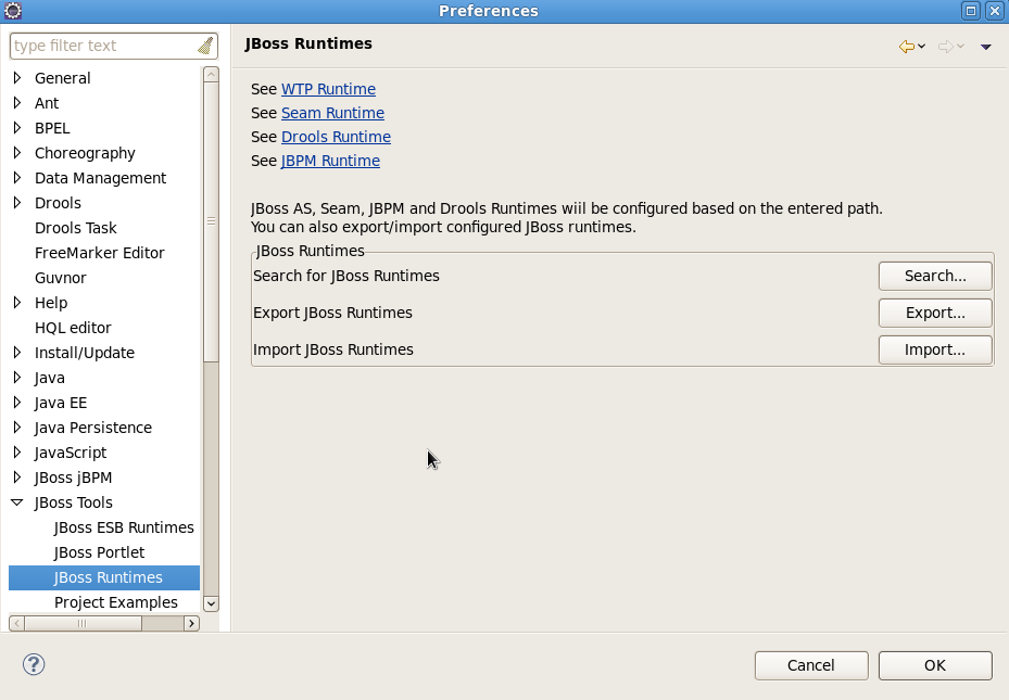 Preference page for JBoss Runtimes