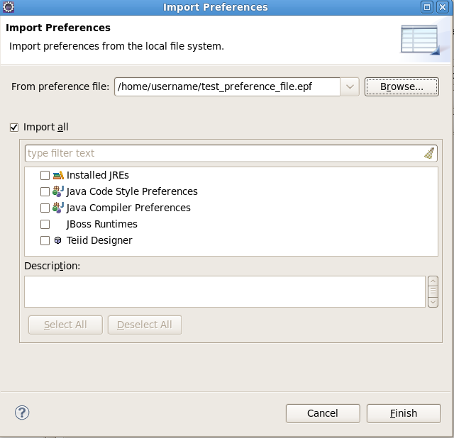 Import Preferences dialog