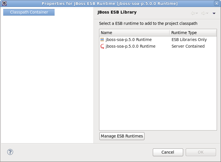 Classpath Container Page to change ESB runtime