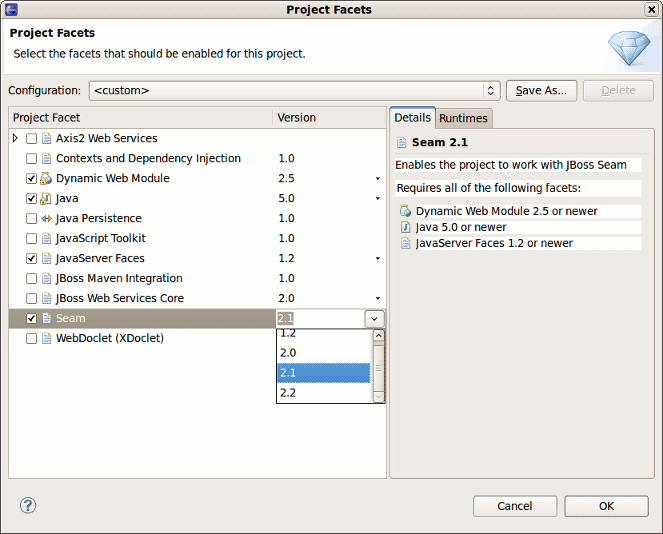Project Facets Selection