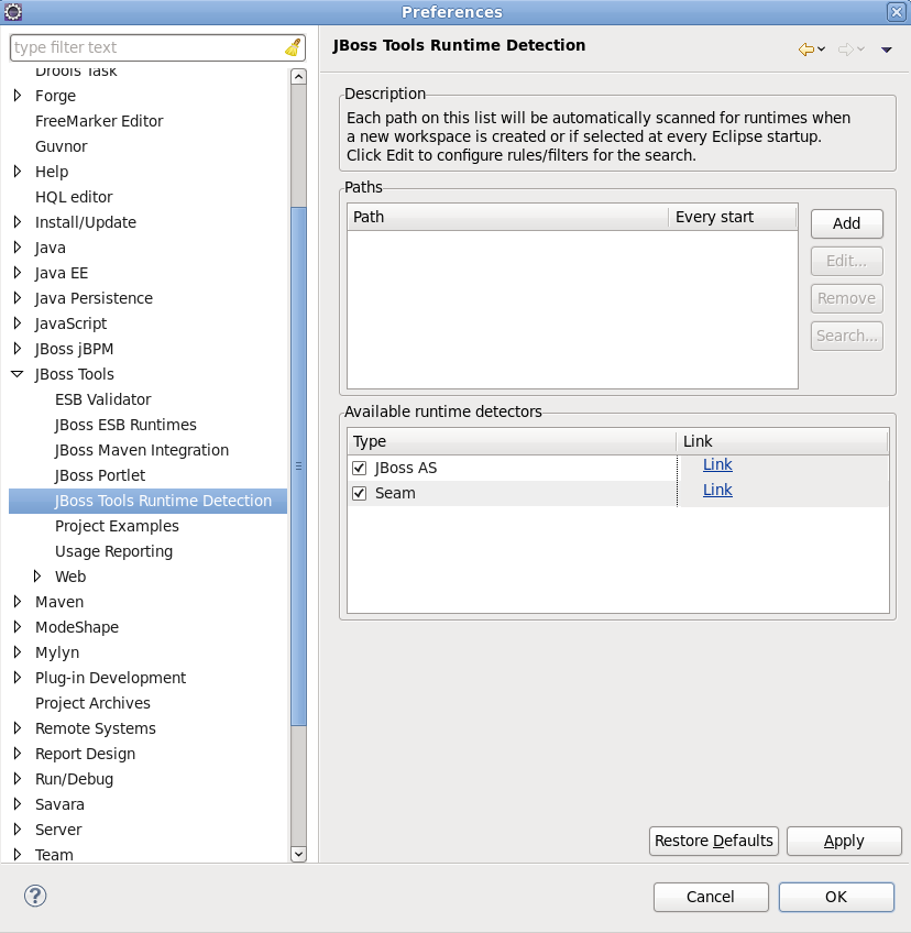 Preference page for JBoss Runtimes