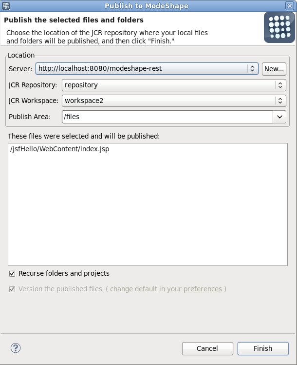 ModeShape publishing wizard - server without versioning ability
